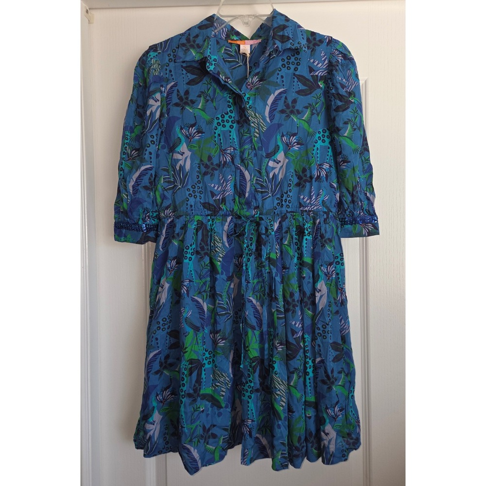 Briton Court Blue Tropical Bird Floral Print Sequins Button‎ Front Dress Sz S